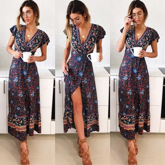 BOHO Chic Gypsy FLORAL Print WRAP maxi dress - Picture 3 of 8